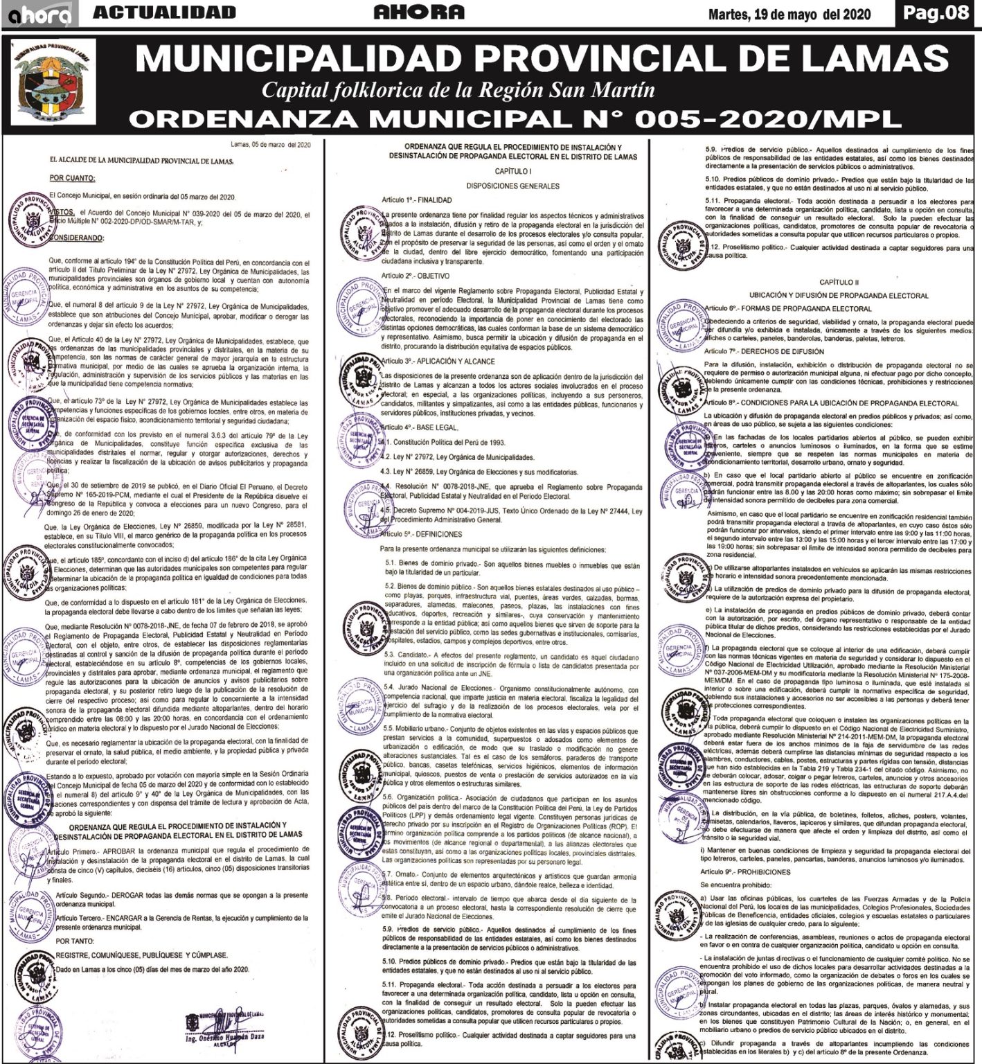 ORDENANZA MUNICIPAL N 005 2020 MPL Diario Ahora