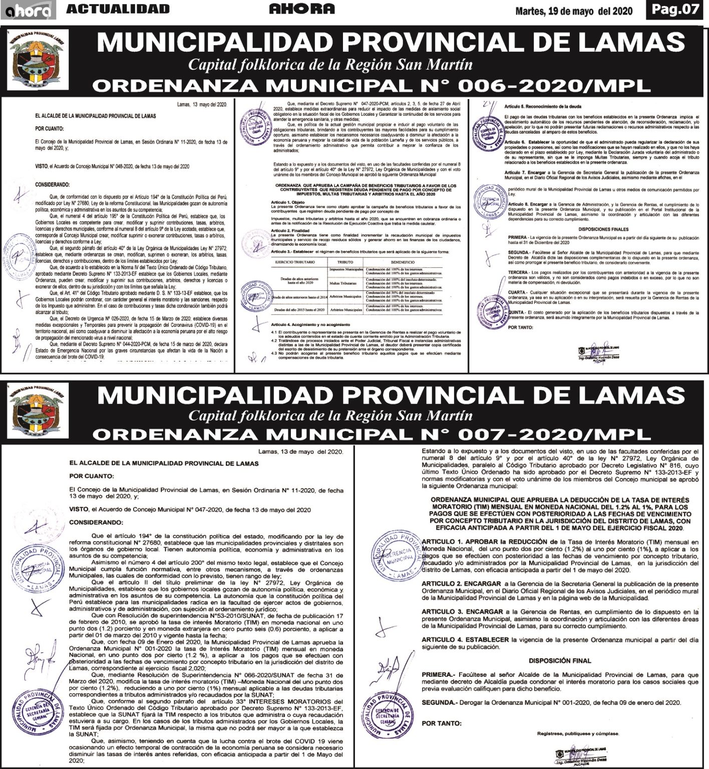 ORDENANZA MUNICIPAL N° 006-2020/MPL N° 007-2020/MPL - Diario Ahora